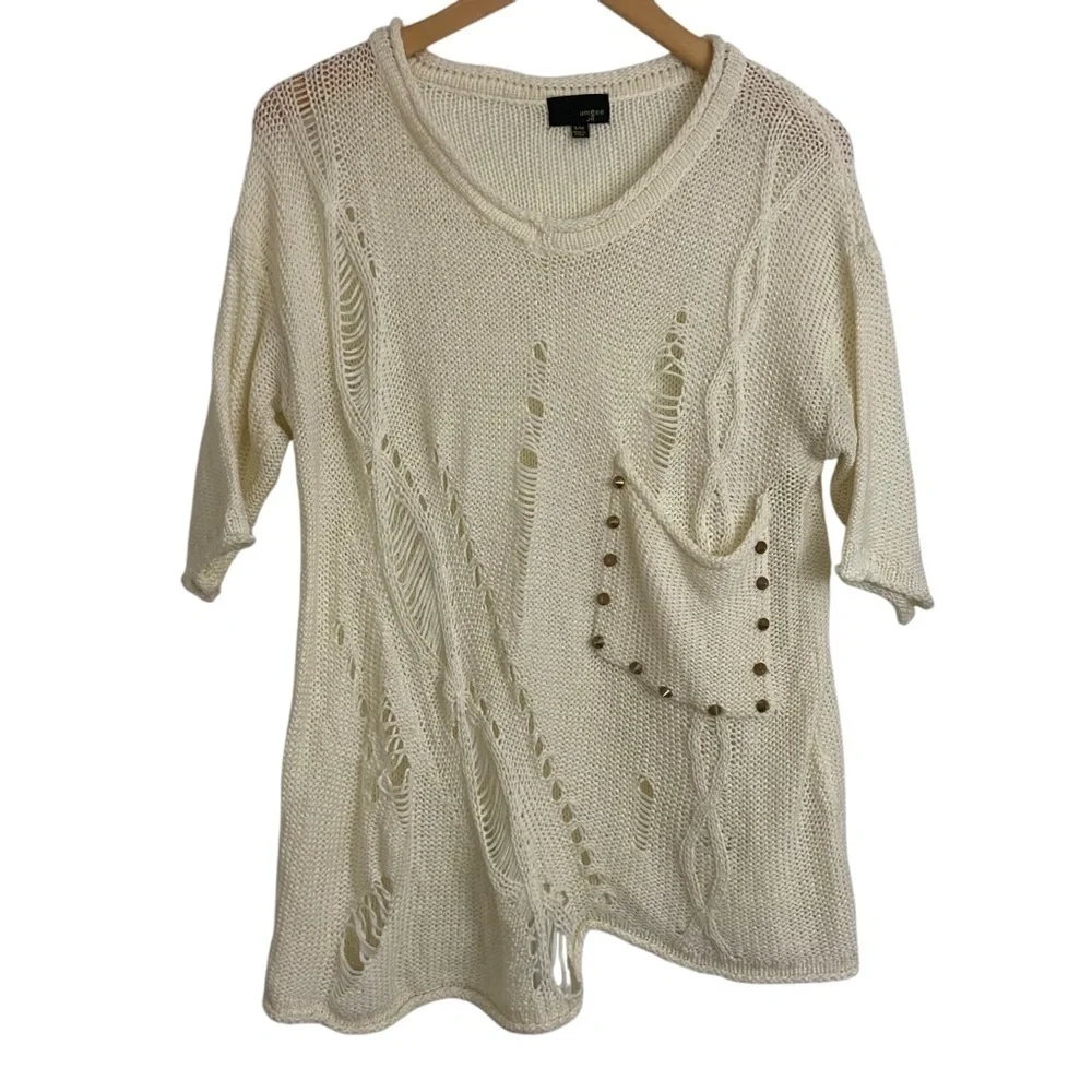 Umgee Jr. Oversized Distressed Ripped Sweater Studded Detail Cream Knit Sz S/M